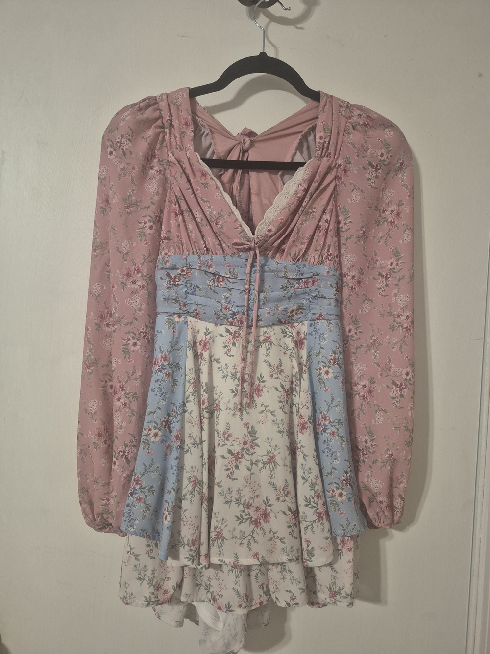 Altar'd State Pink, Blue & Cream Floral Patchwork Mini Dress